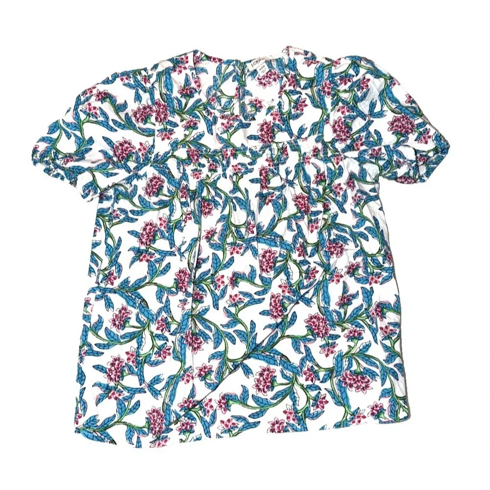 J. Crew Womens Top Blouse XXS Short Sleeve Floral Puff Sleeve Blue Pink